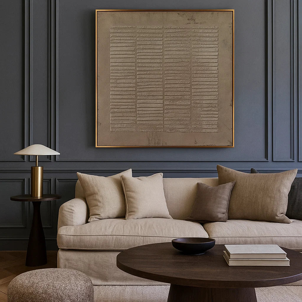Wabi Sabi Neutral Grid Textured Wall Art, Minimal Abstract Square Canvas for Living Room