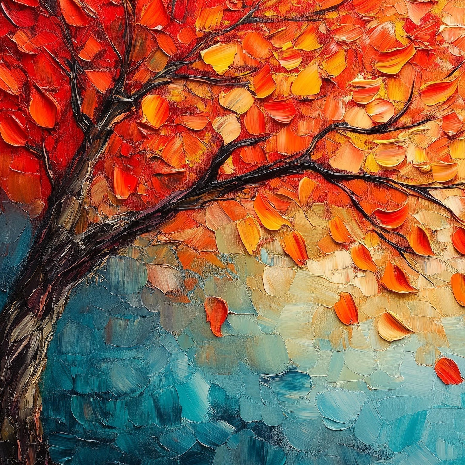 Autumn's Fire: Vibrant Textured Autumn Tree Painting for Living Room Landscape Wall Art