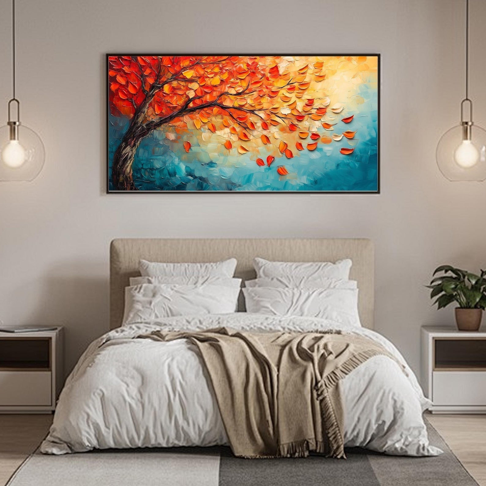 Autumn's Fire: Vibrant Textured Autumn Tree Painting for Living Room Landscape Wall Art