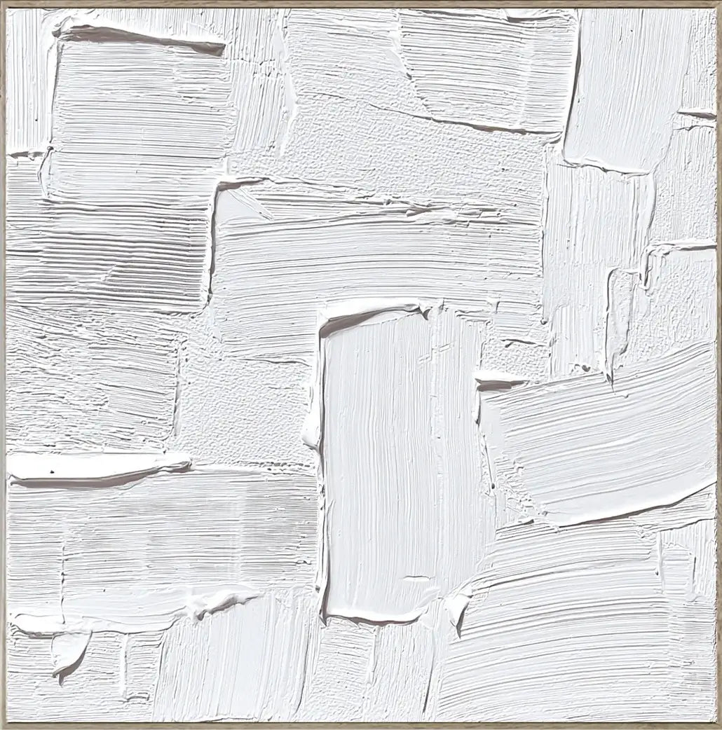 Pure Structure: Textured White Abstract Painting with 3D Geometric Relief