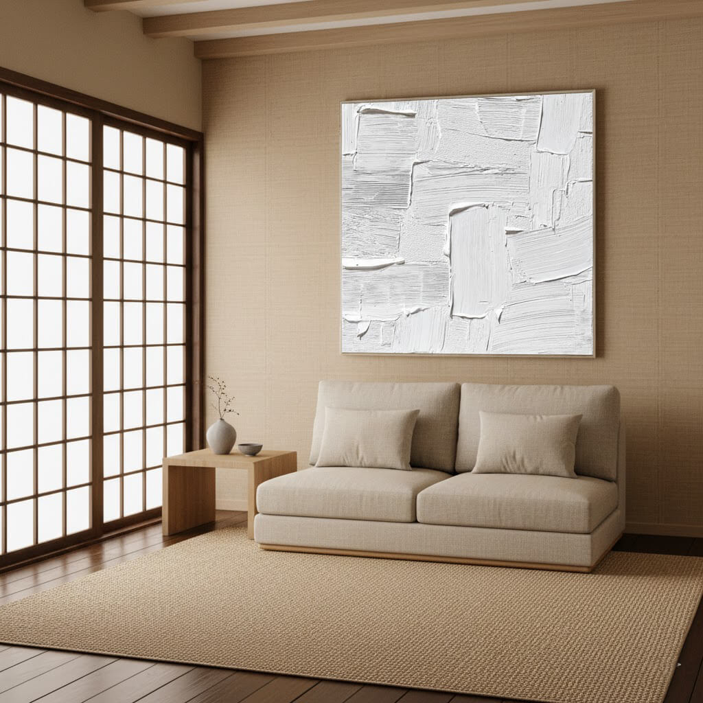 Pure Structure: Textured White Abstract Painting with 3D Geometric Relief