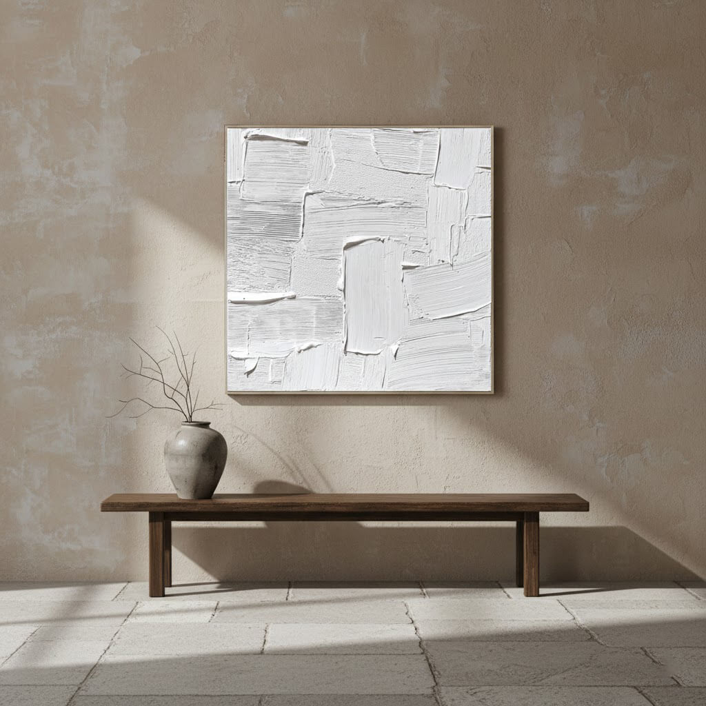 Pure Structure: Textured White Abstract Painting with 3D Geometric Relief