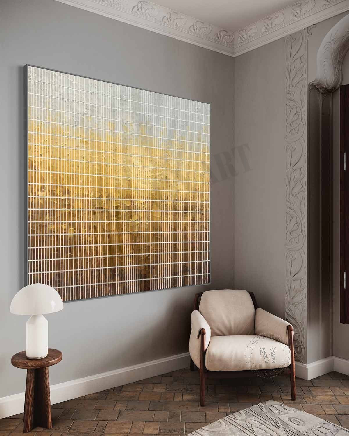 Wabi Sabi Gold Gradient Grid Textured Wall Art, Minimal Abstract Square Canvas for Living Room