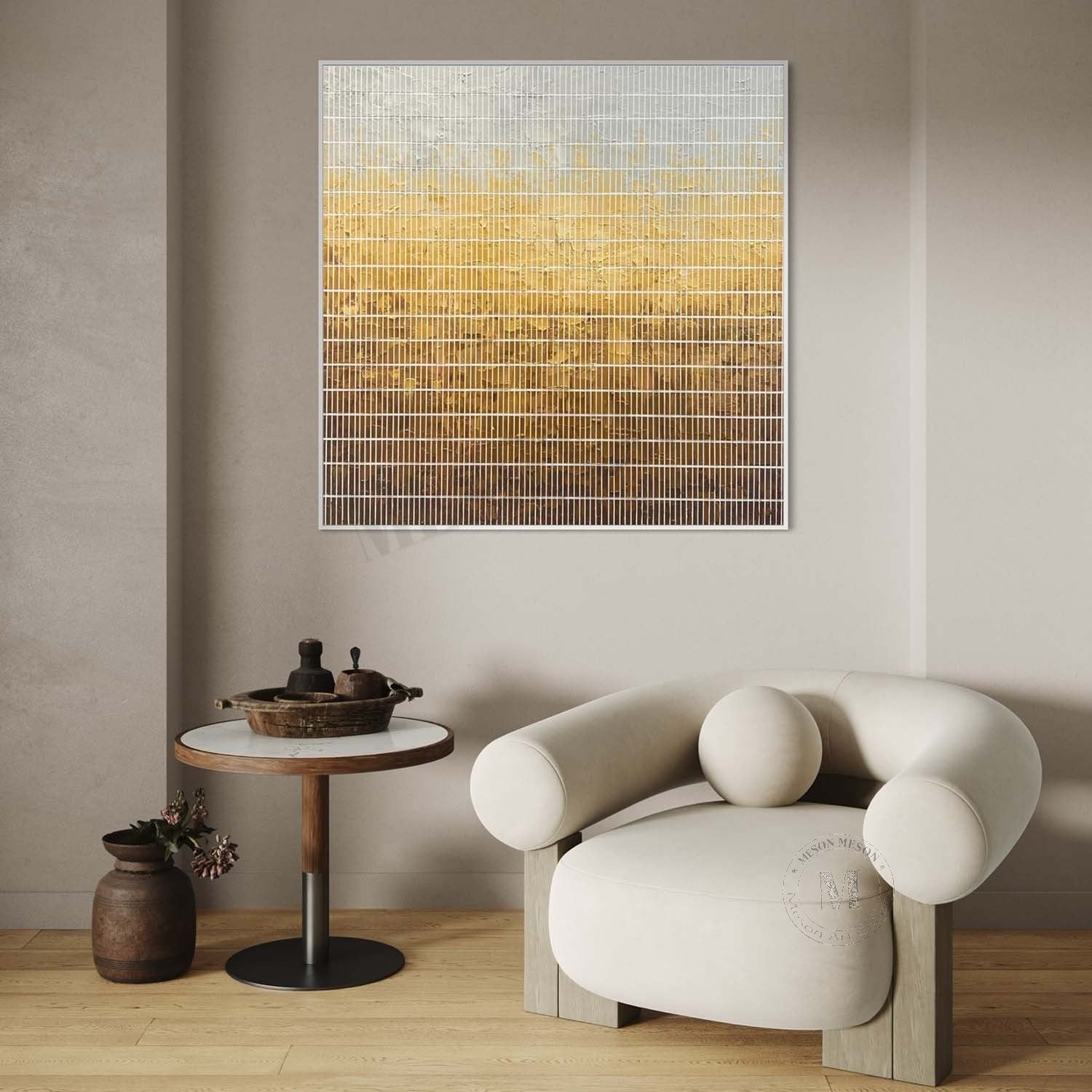 Wabi Sabi Gold Gradient Grid Textured Wall Art, Minimal Abstract Square Canvas for Living Room