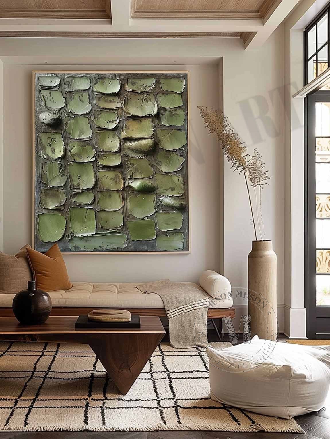 Veridian Mosaic: Heavy Texture Green Abstract Painting for Minimalist Wall Decor