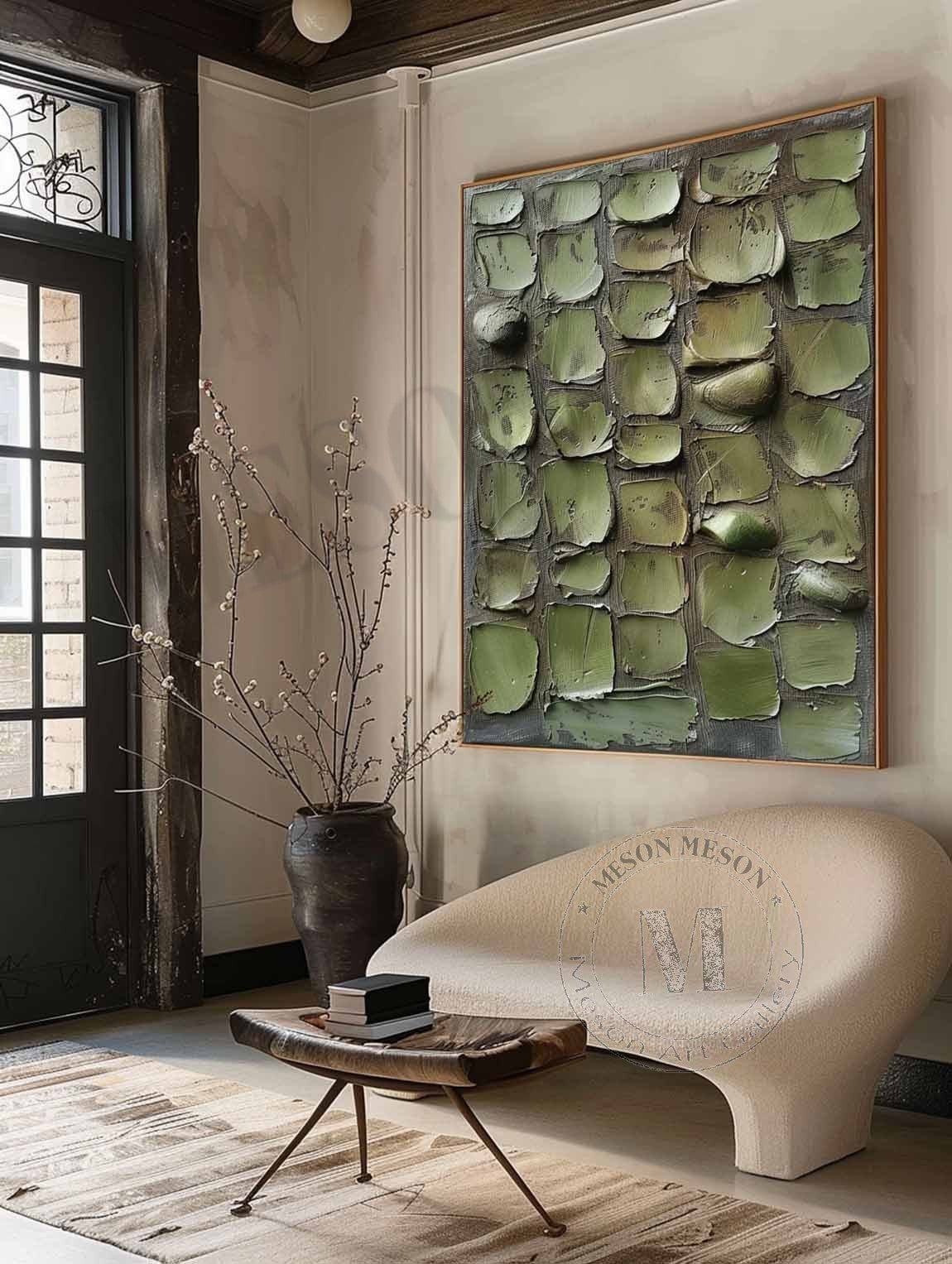 Veridian Mosaic: Heavy Texture Green Abstract Painting for Minimalist Wall Decor
