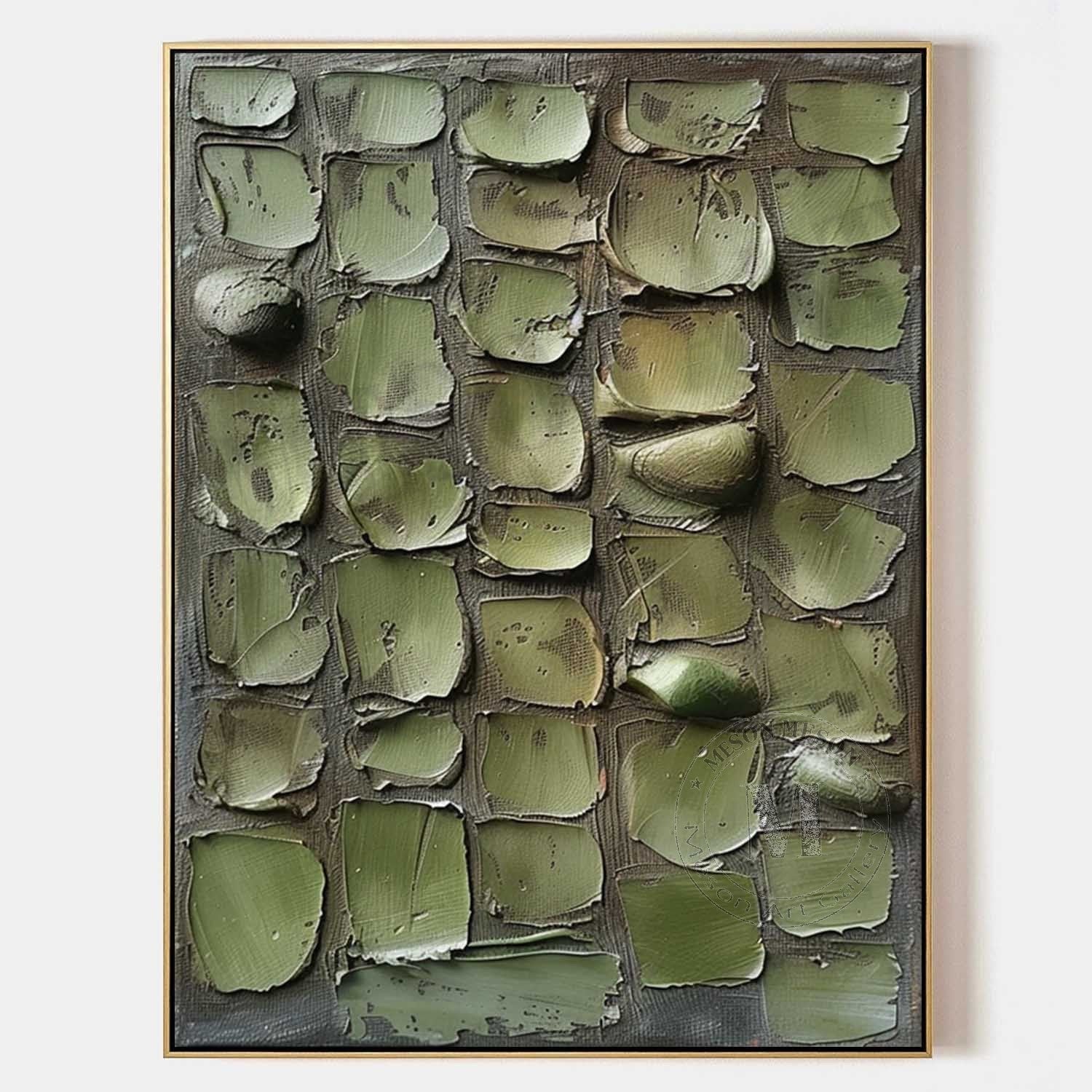Veridian Mosaic: Heavy Texture Green Abstract Painting for Minimalist Wall Decor