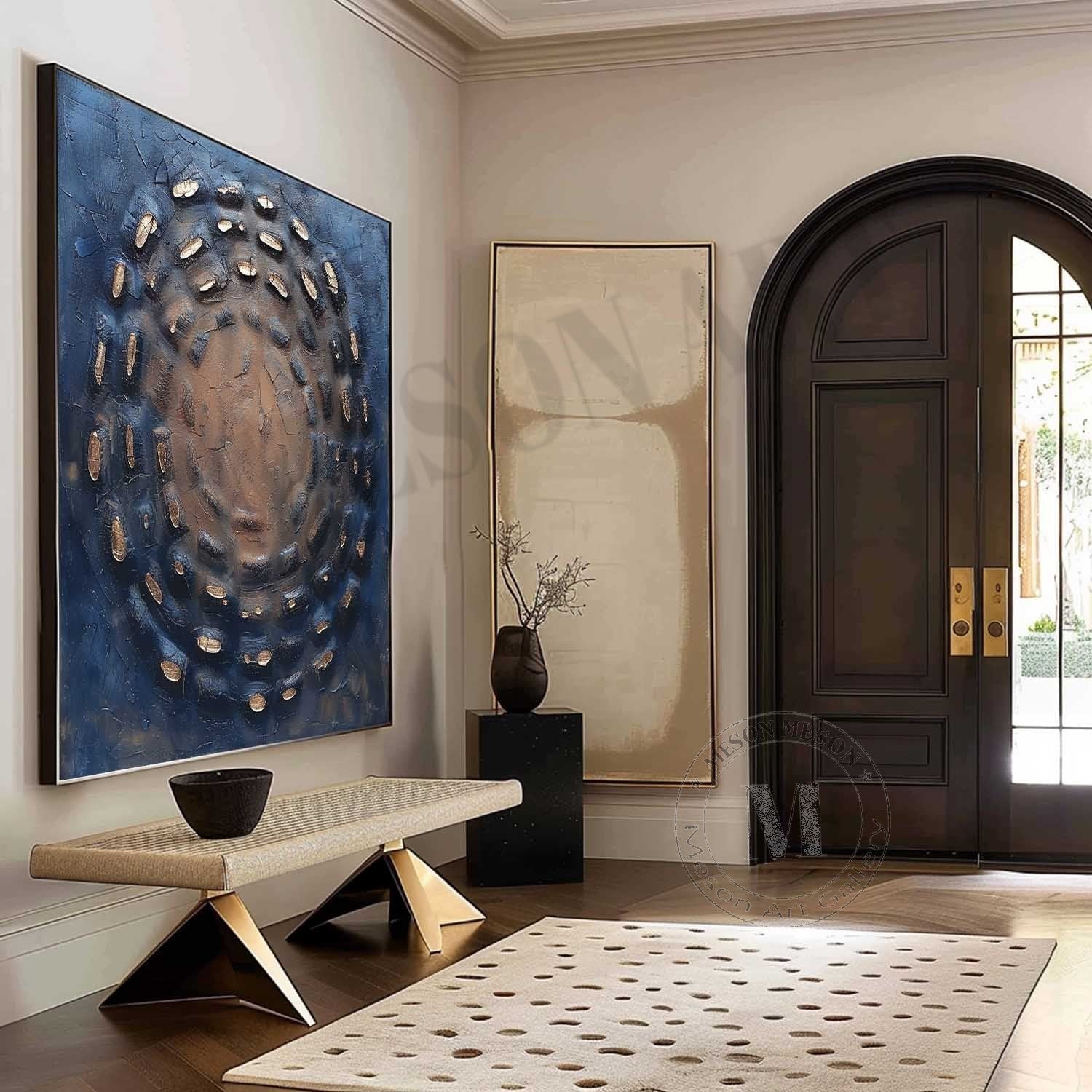 Cosmic Shield: A Textured Plaster Wall Art for Modern Office Decor