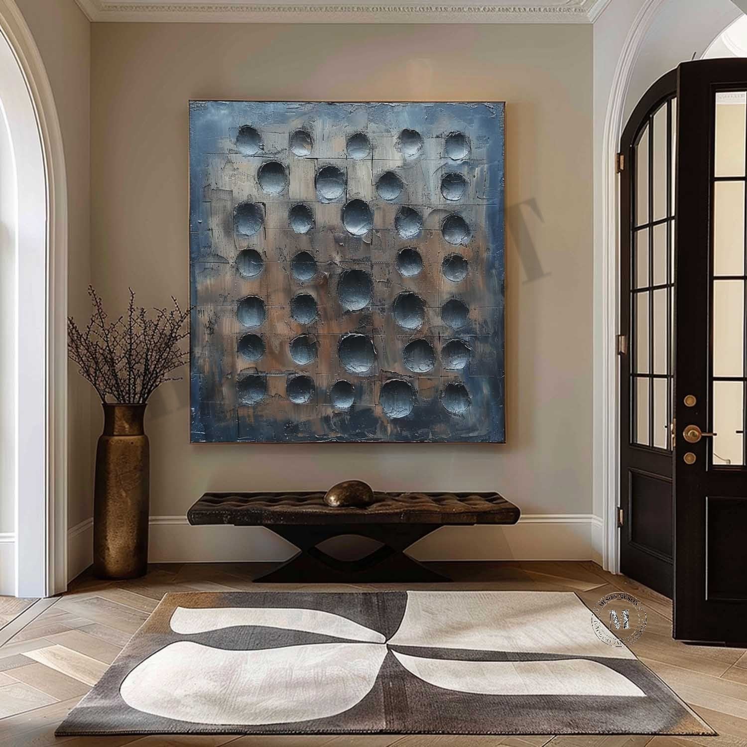 Lunar Grid: Industrial Wabi Sabi Textured Wall Art with 3D Recessed Craters