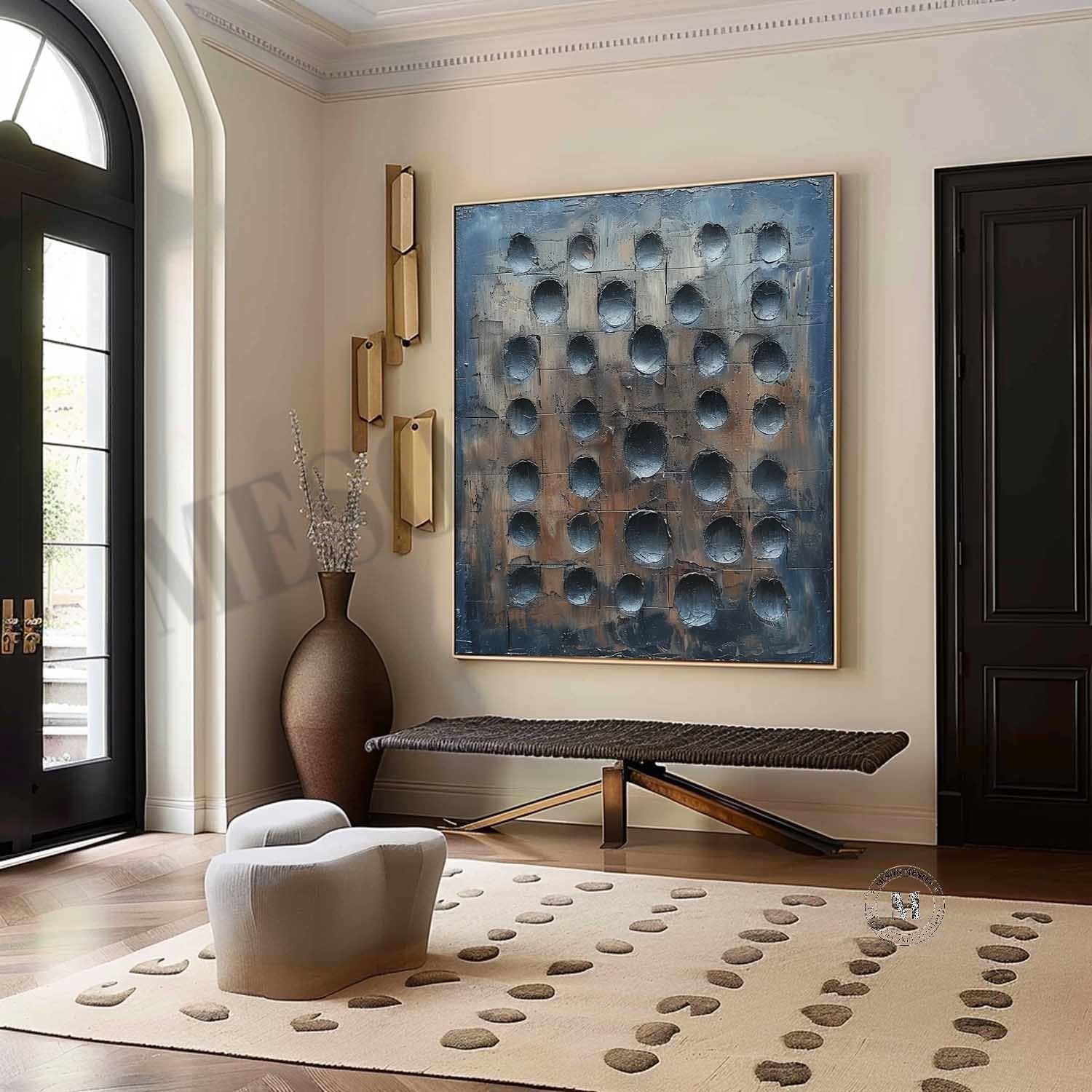 Lunar Grid: Industrial Wabi Sabi Textured Wall Art with 3D Recessed Craters