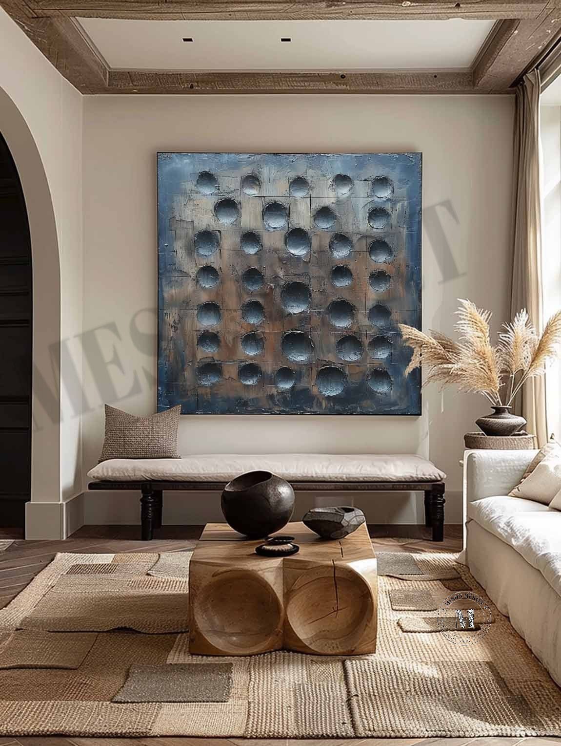 Lunar Grid: Industrial Wabi Sabi Textured Wall Art with 3D Recessed Craters
