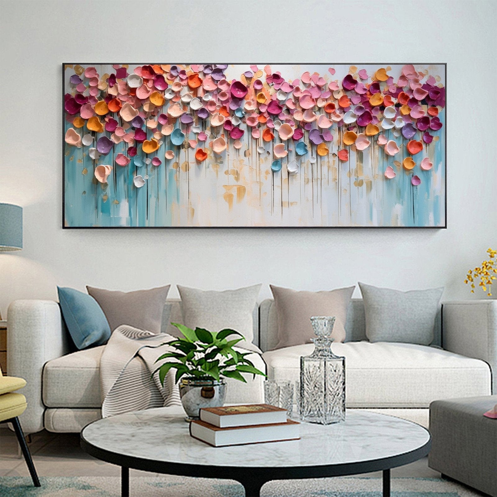 Chromatic Cascade: A Vibrant Textured Floral Wall Art for Your Living Room