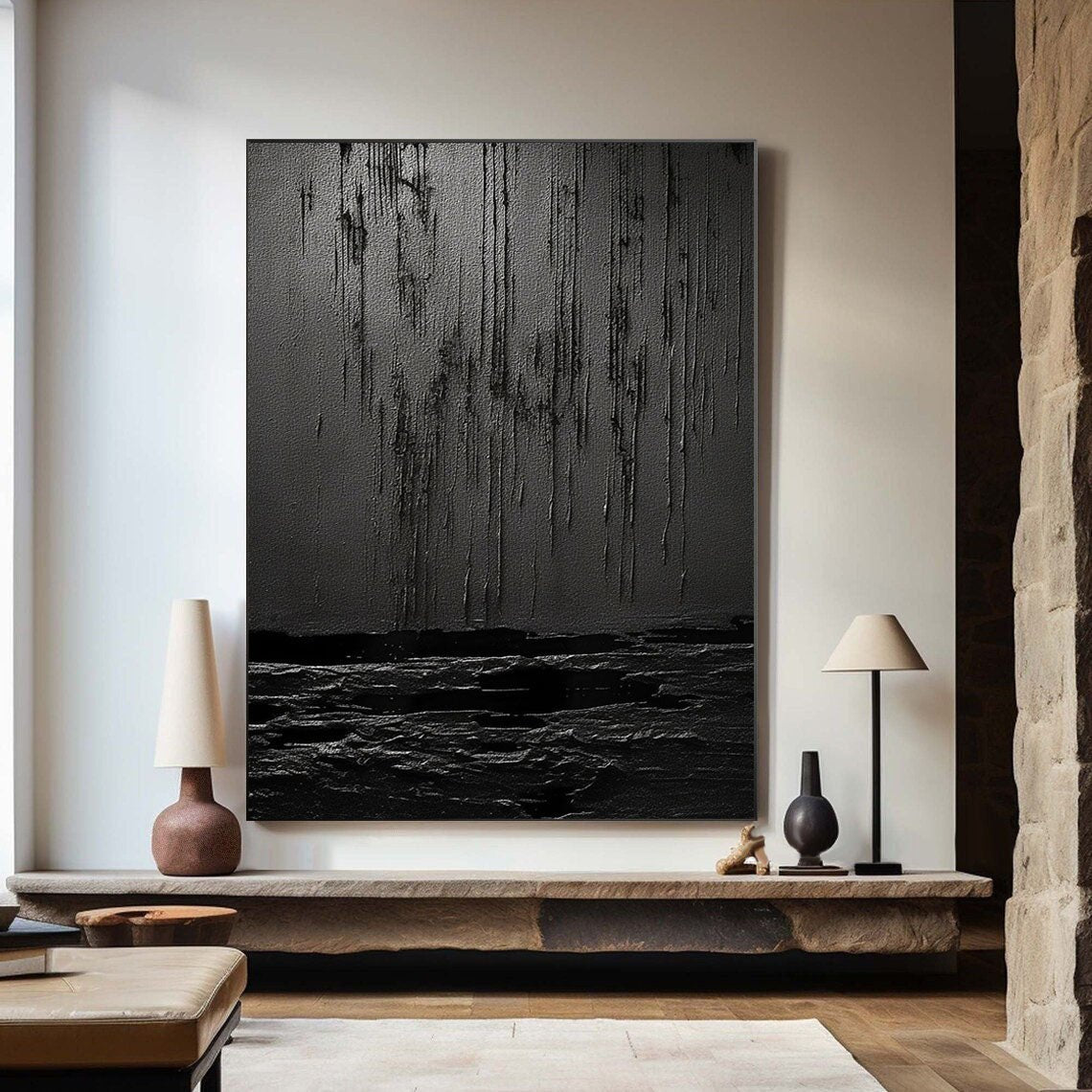 Nocturne Terrain: A Bold Textured Black Abstract Wall Art for Modern Interiors