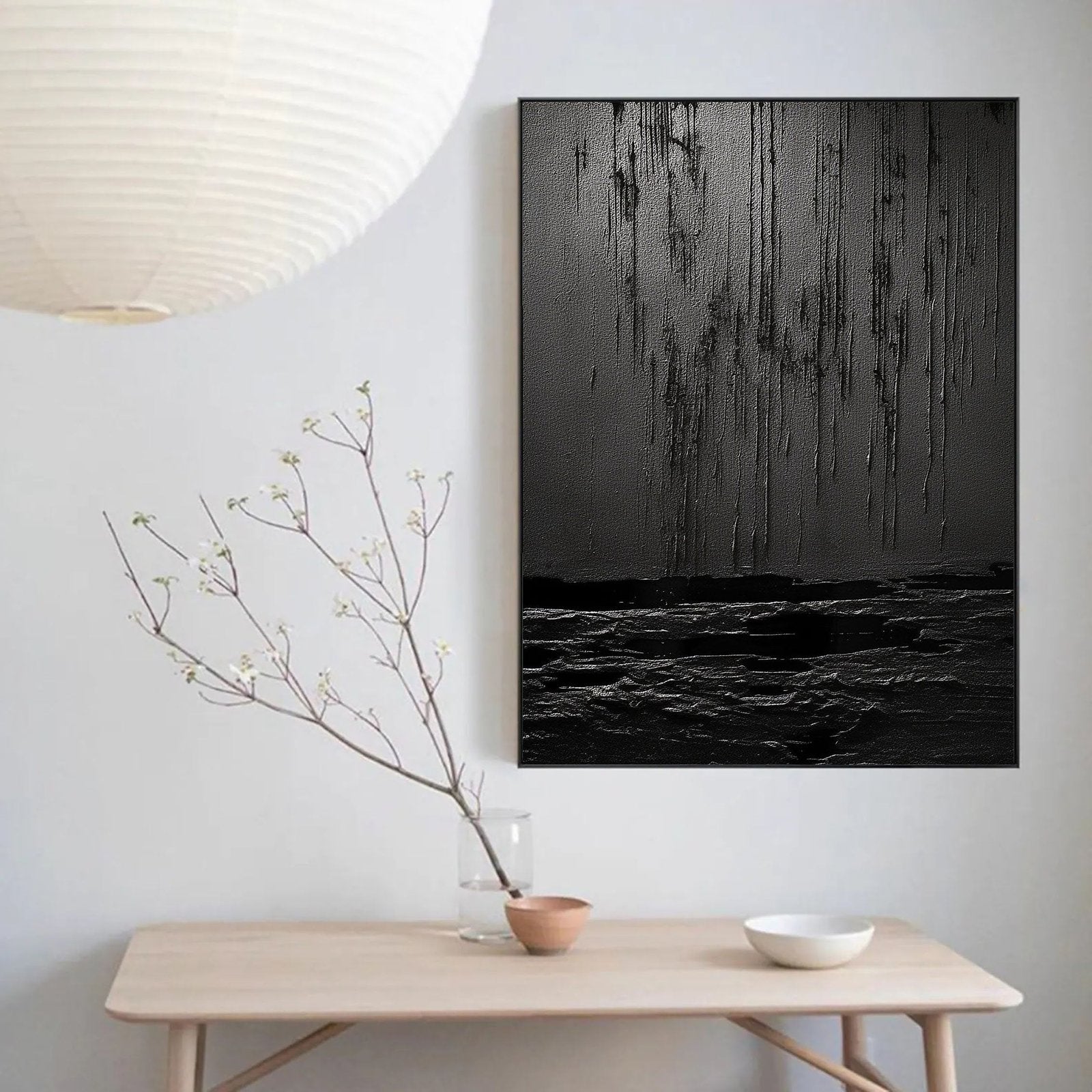 Nocturne Terrain: A Bold Textured Black Abstract Wall Art for Modern Interiors