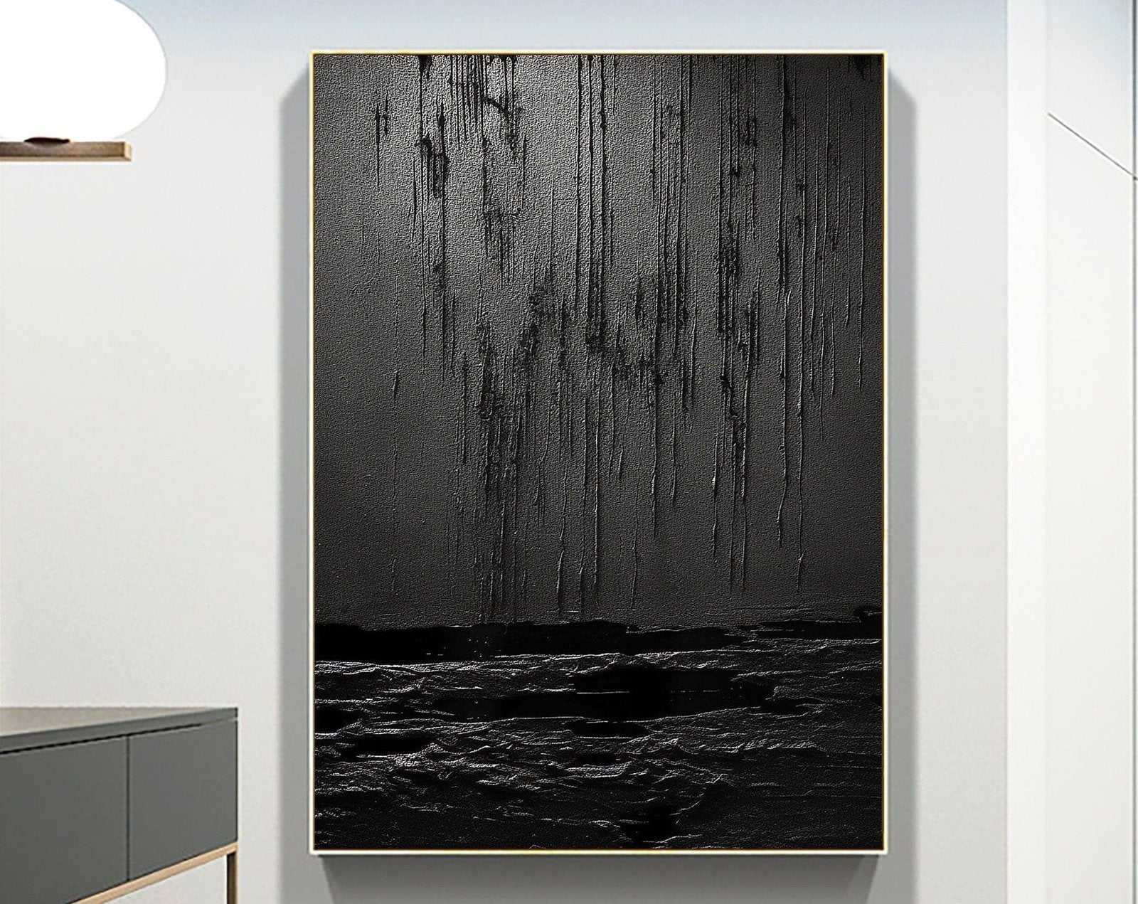 Nocturne Terrain: A Bold Textured Black Abstract Wall Art for Modern Interiors