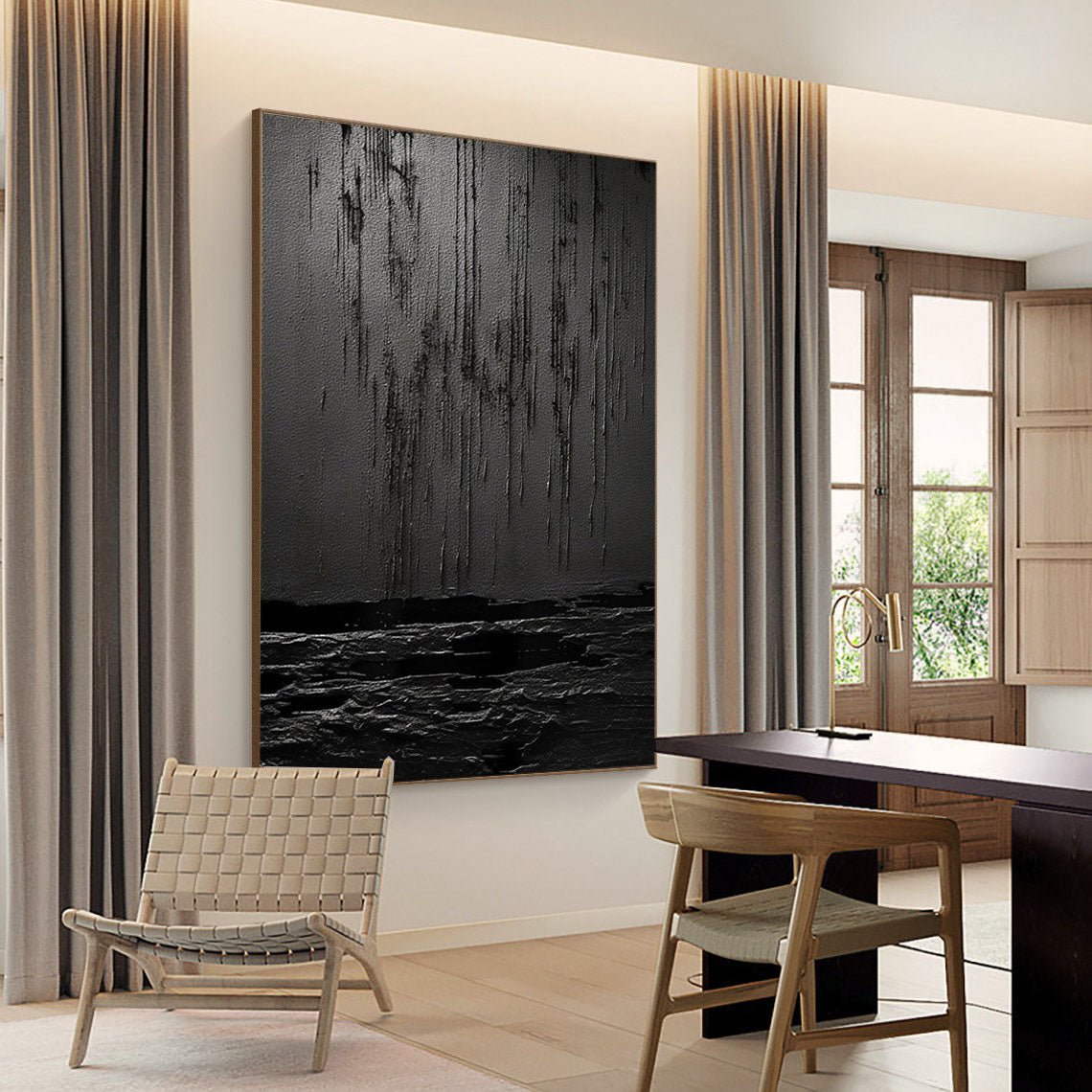 Nocturne Terrain: A Bold Textured Black Abstract Wall Art for Modern Interiors