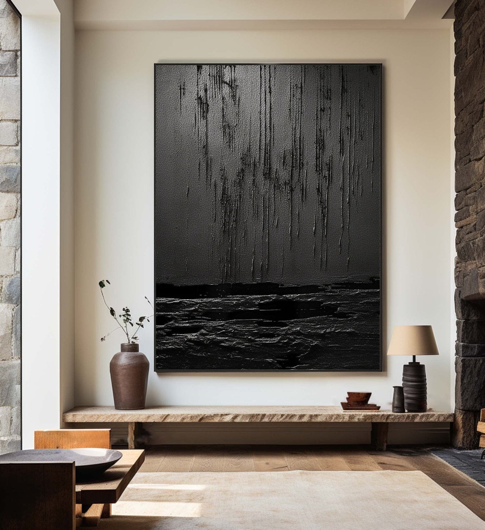 Nocturne Terrain: A Bold Textured Black Abstract Wall Art for Modern Interiors