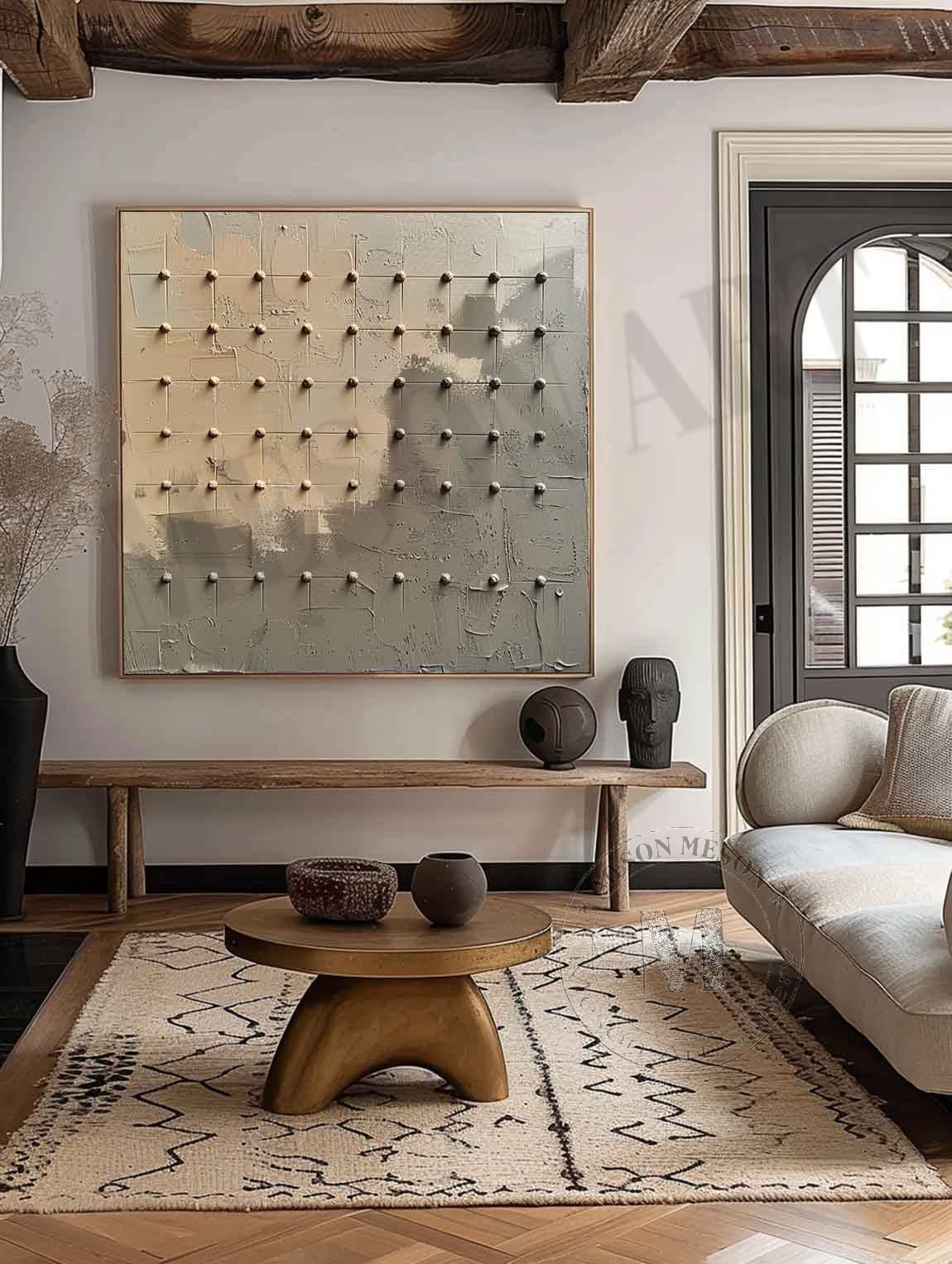 Wabi Sabi Neutral Grid Textured Wall Art, Minimal Abstract Square Canvas for Living Room Decor