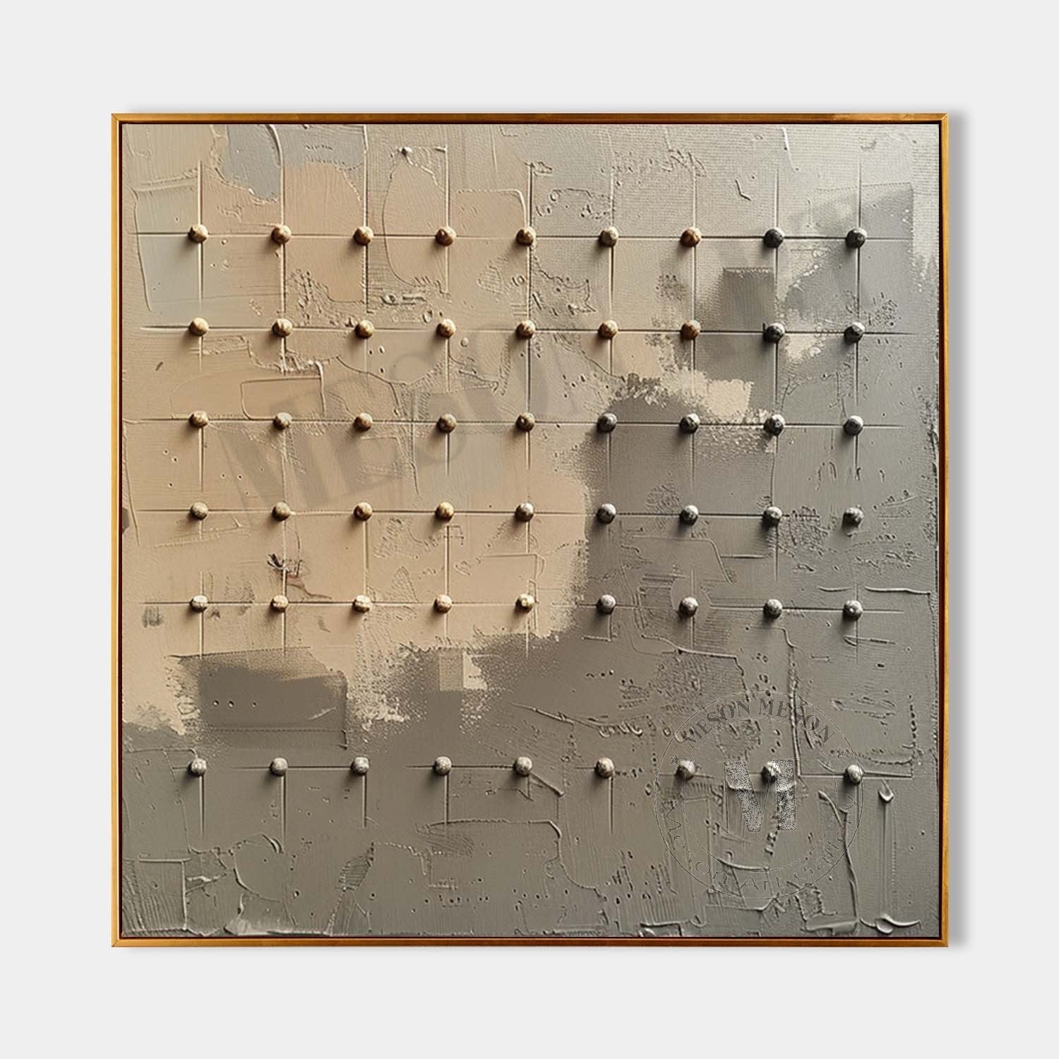 Wabi Sabi Neutral Grid Textured Wall Art, Minimal Abstract Square Canvas for Living Room Decor