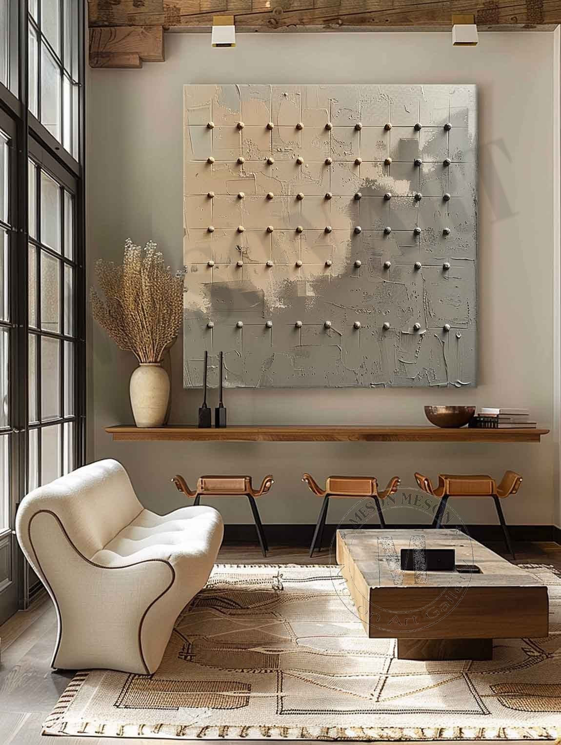 Wabi Sabi Neutral Grid Textured Wall Art, Minimal Abstract Square Canvas for Living Room Decor