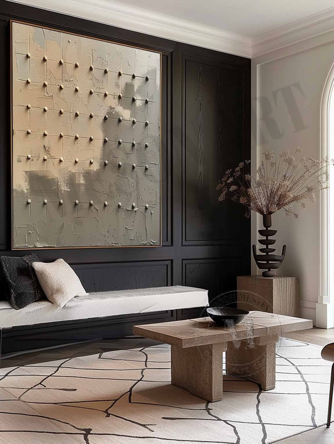 Wabi Sabi Neutral Grid Textured Wall Art, Minimal Abstract Square Canvas for Living Room Decor