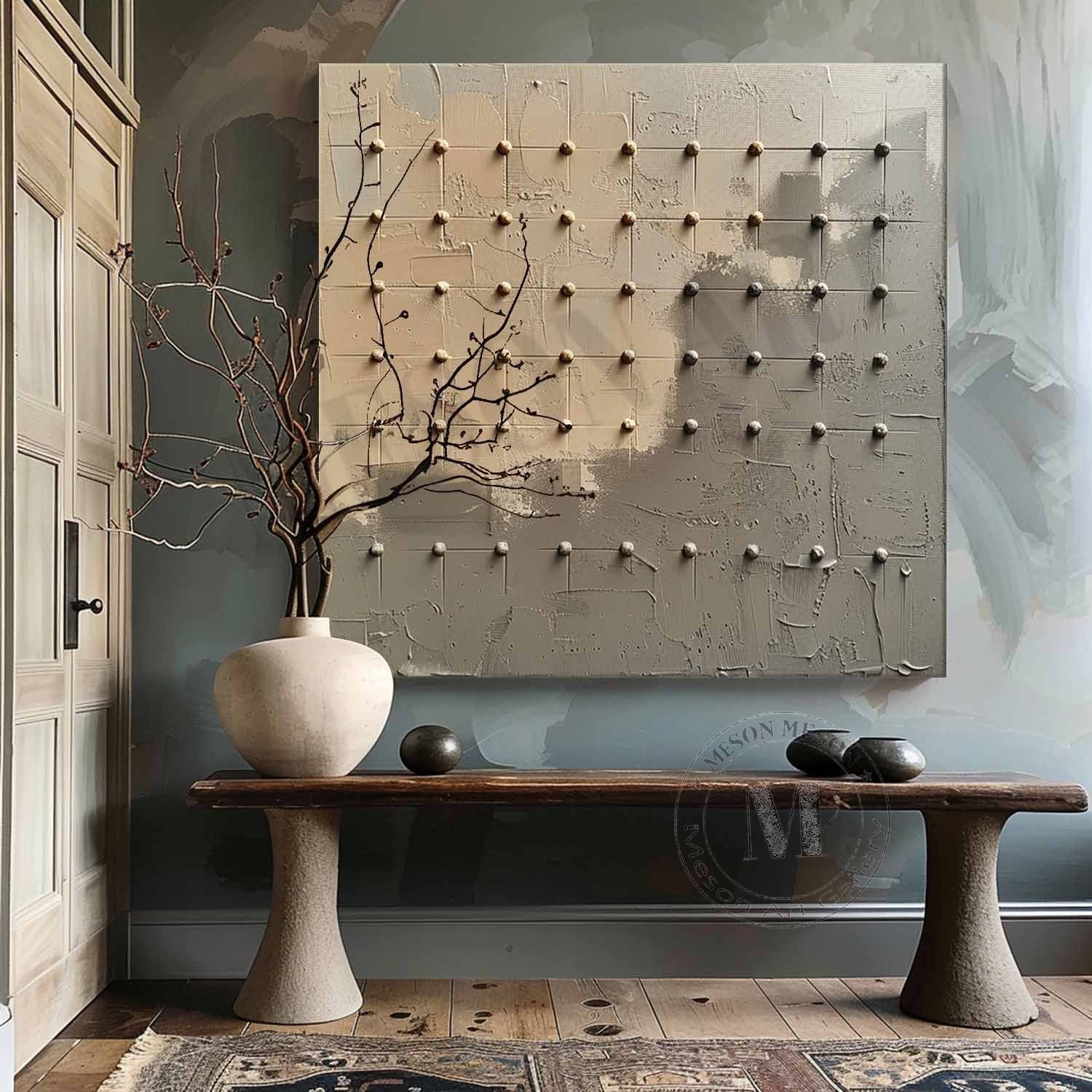 Wabi Sabi Neutral Grid Textured Wall Art, Minimal Abstract Square Canvas for Living Room Decor