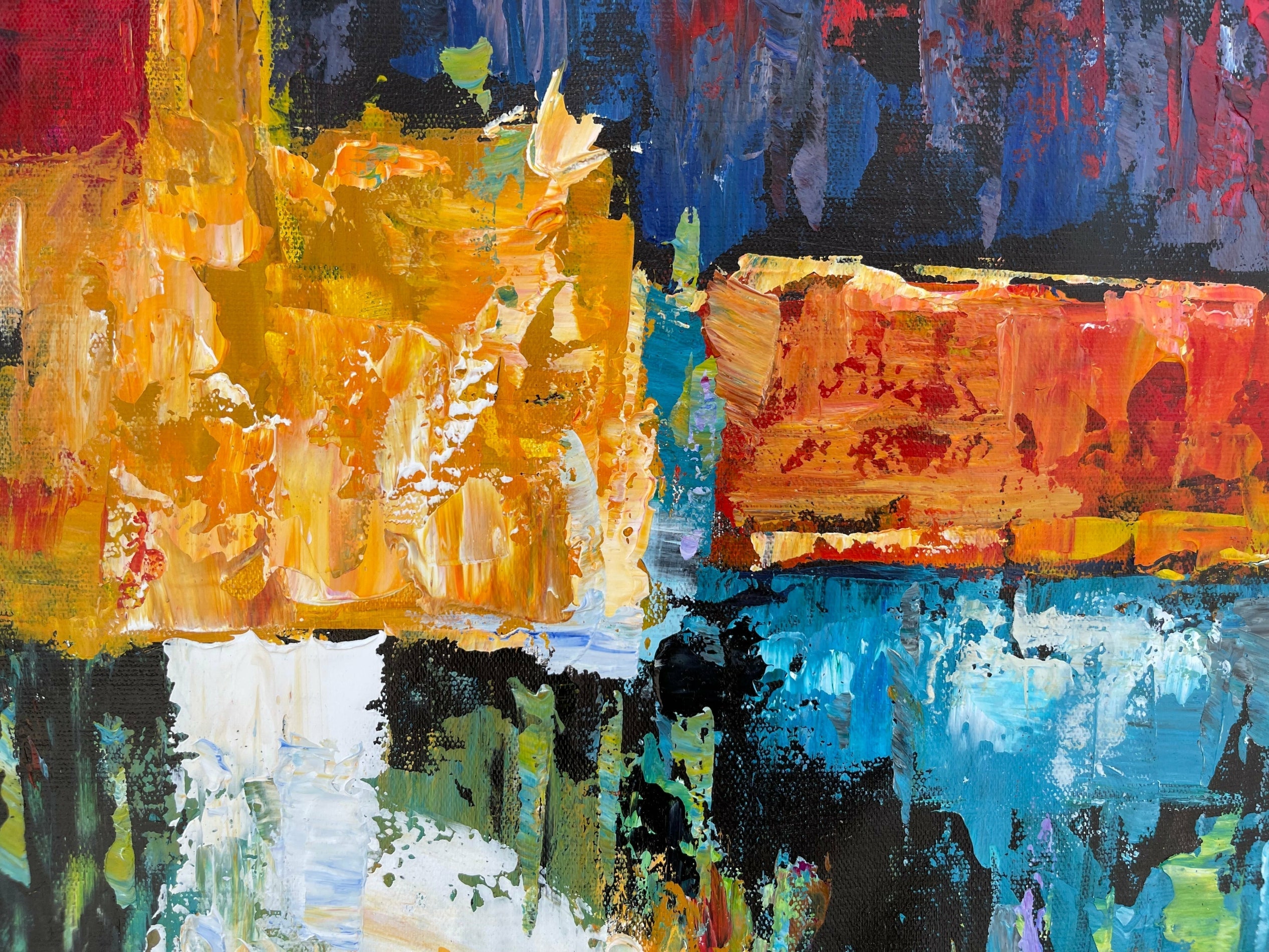 Urban Reflections: A Vibrant Abstract Cityscape Art for Dining Room
