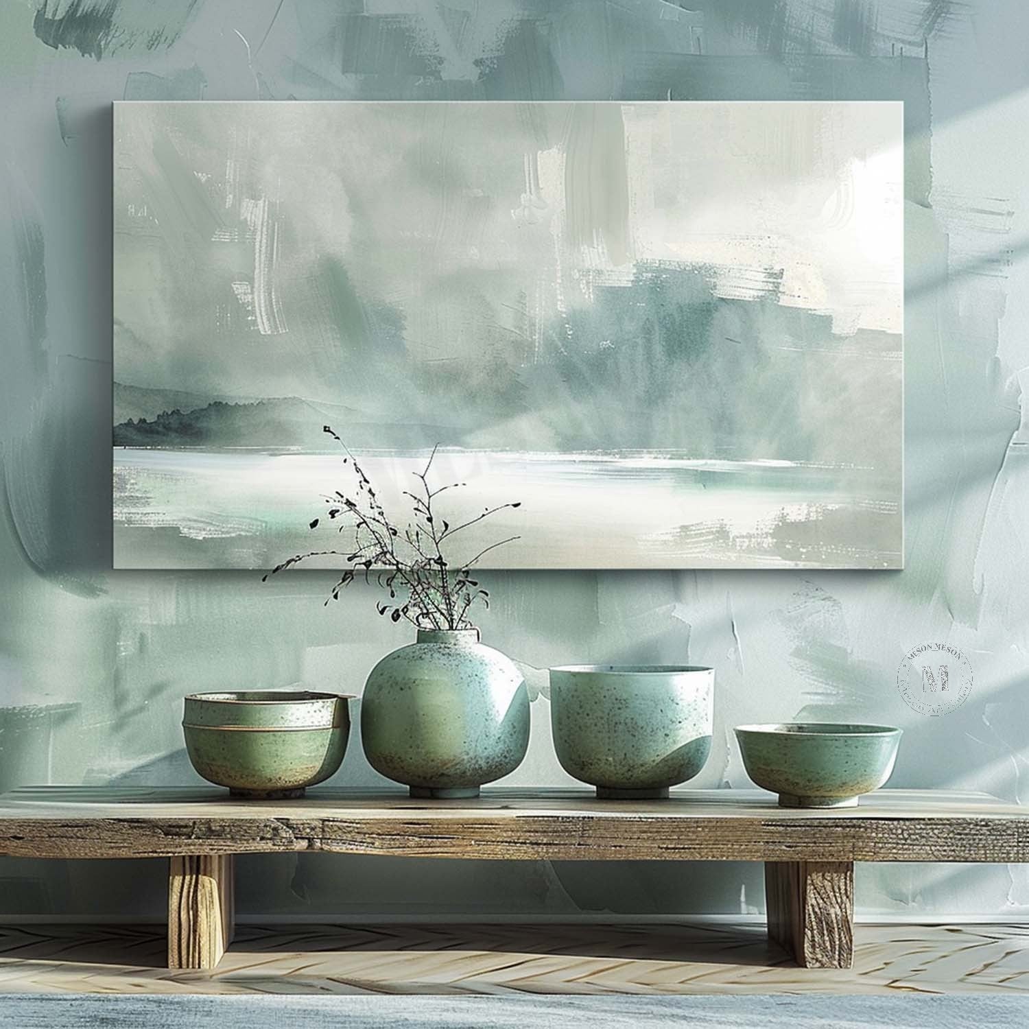 Soft Blue Coastal Landscape Wall Art, Minimal Textured Canvas for Living Room Decor