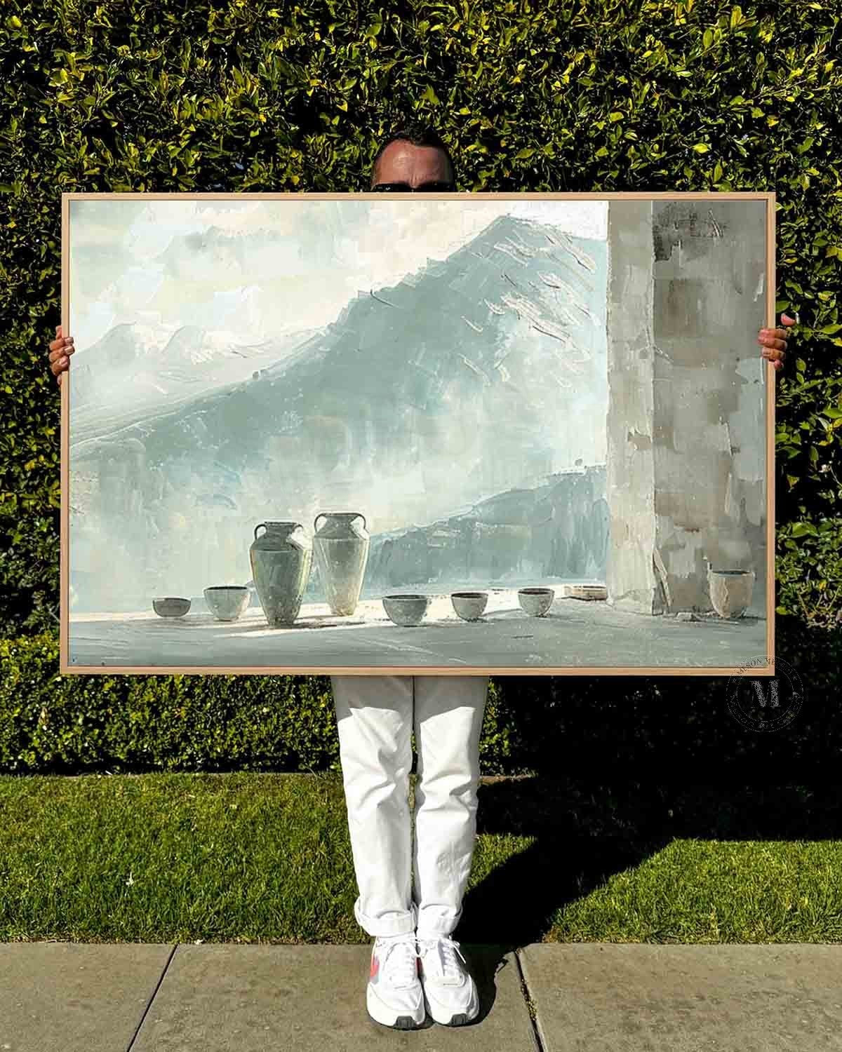 Mountain View Pottery Still Life Wall Art, Blue Neutral Textured Canvas for Living Room