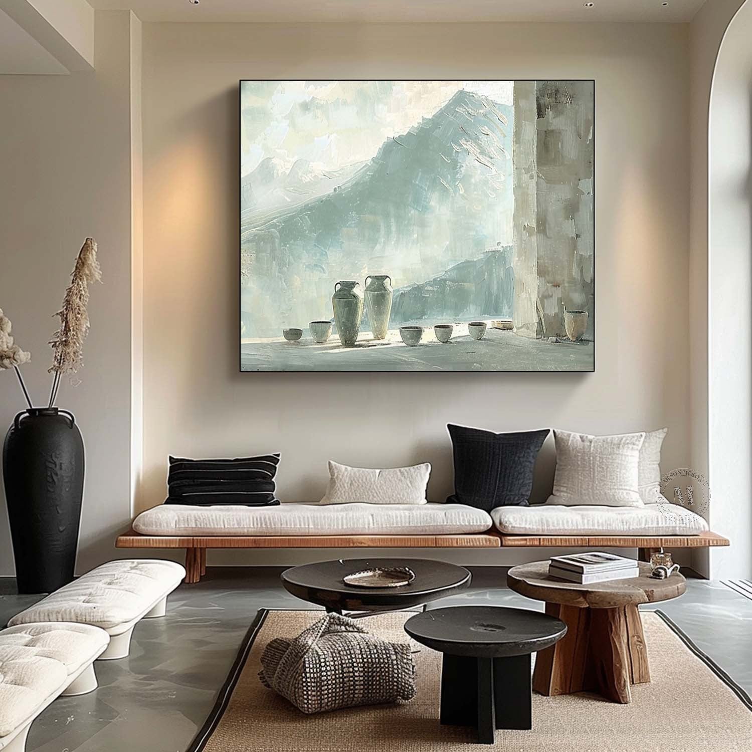 Mountain View Pottery Still Life Wall Art, Blue Neutral Textured Canvas for Living Room