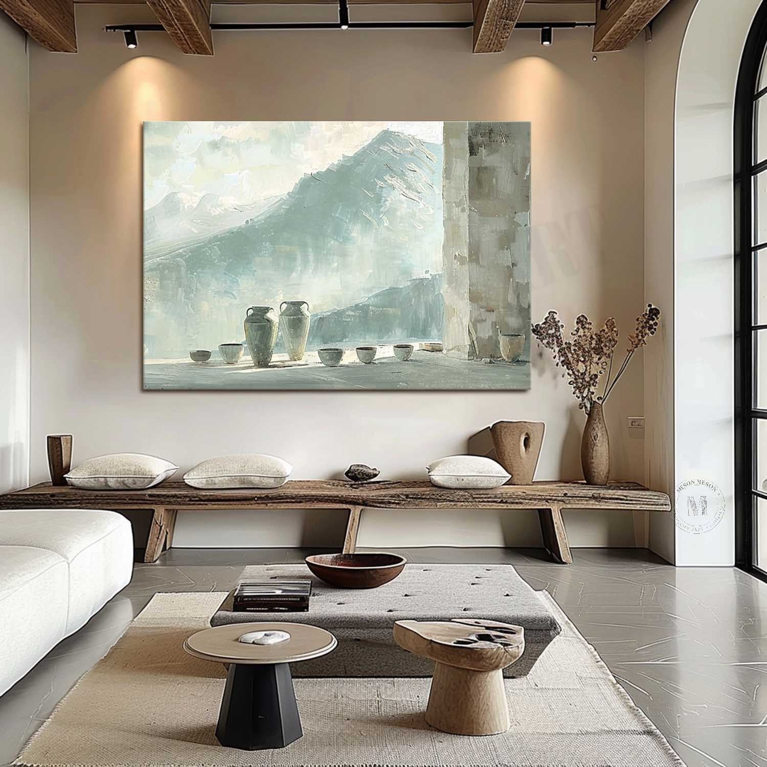 Mountain View Pottery Still Life Wall Art, Blue Neutral Textured Canvas for Living Room