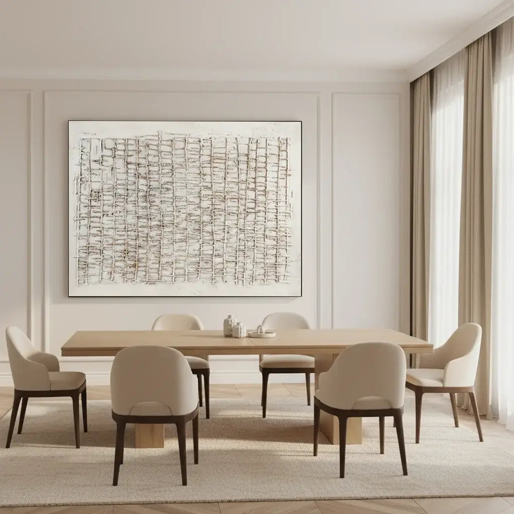 Pale Lattice: Textured Minimalist Abstract Painting with 3D Grid Relief