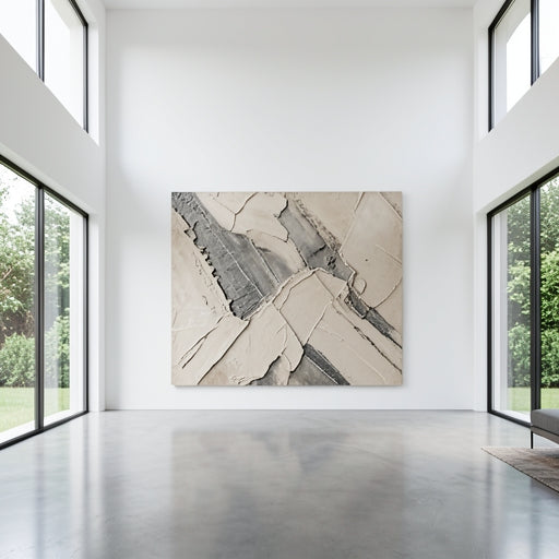 Large acoustic wall art for sound reduction in a minimalist living room