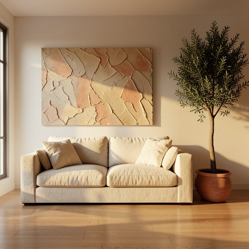 Earthy toned large abstract neutral wall art in a modern living room