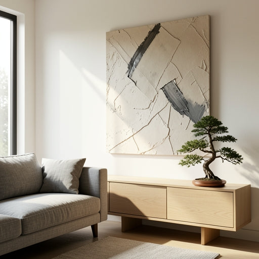 Large Japandi style textured wall art in a modern minimalist living room
