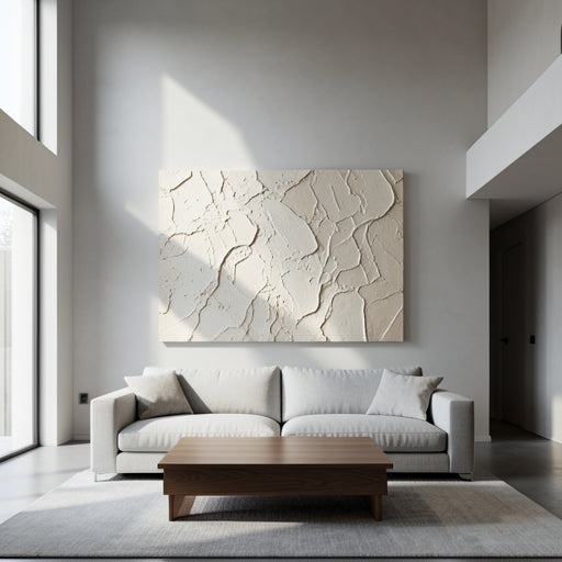 Oversized horizontal large textured painting anchored above a living room sofa