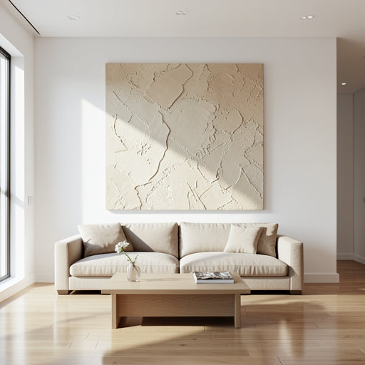 Large abstract wall art neutral with beige and tan textures in a luxury living room