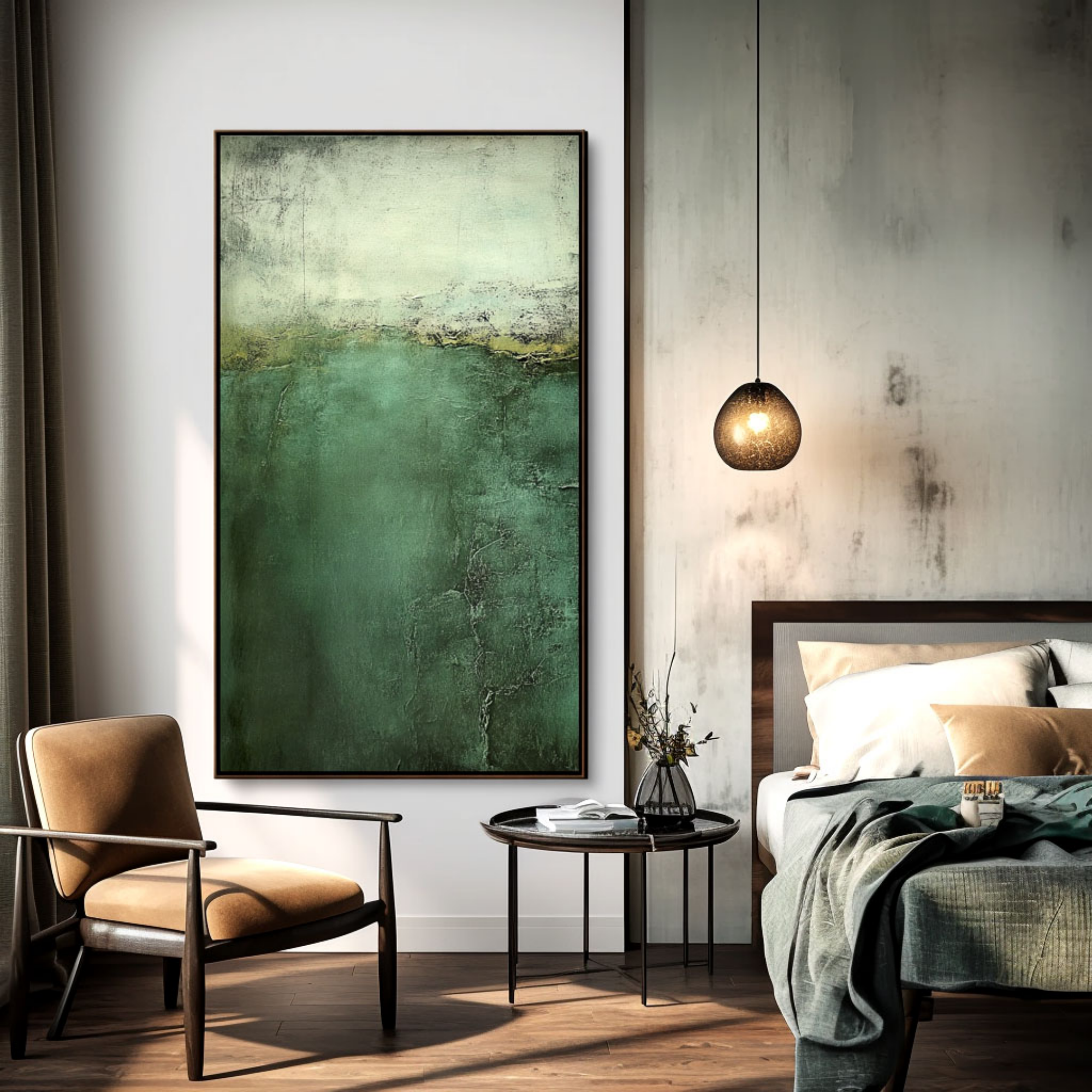 Emerald Green Abstract Wall Art, Vertical Textured Canvas for Living Room Decor