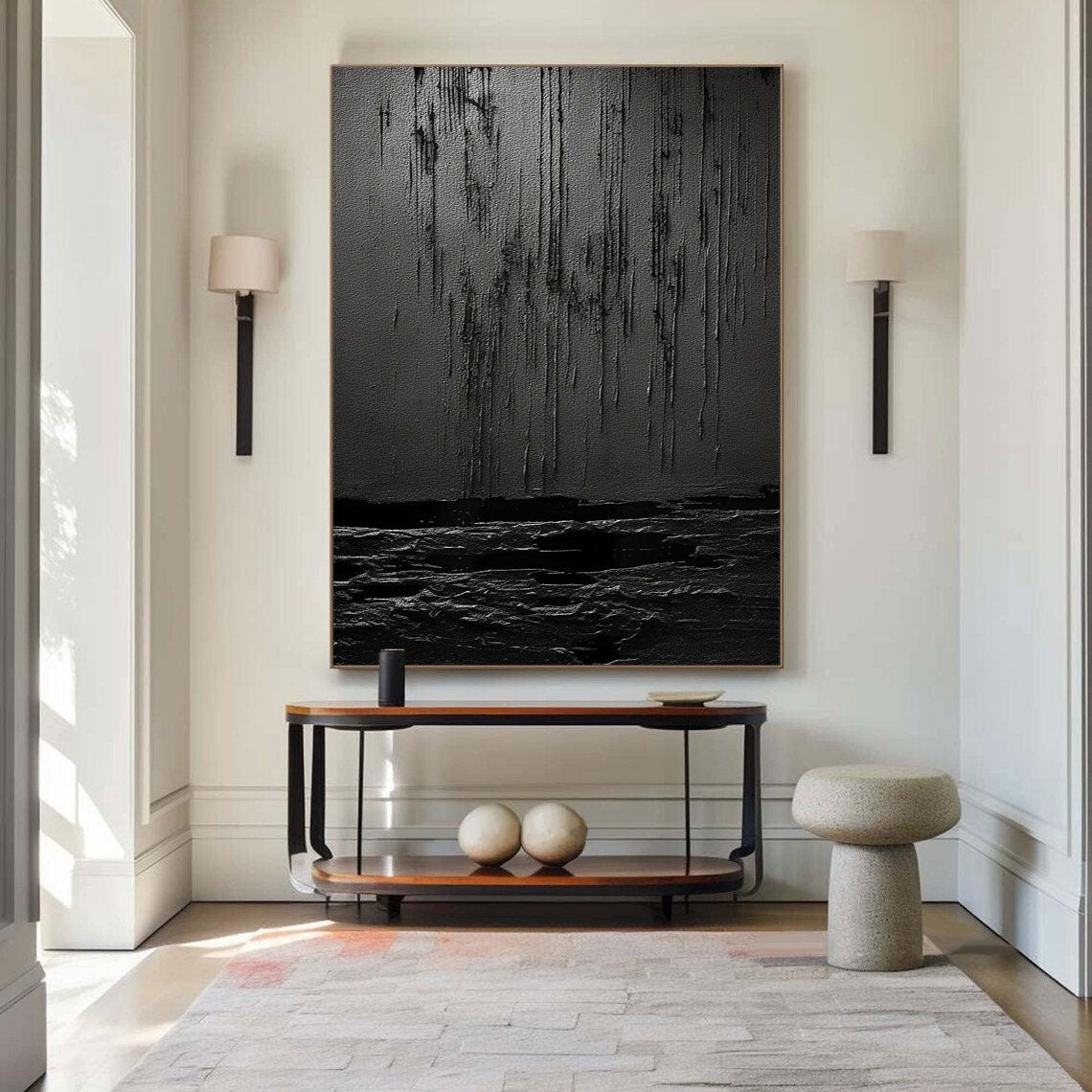 Nocturne Terrain: A Bold Textured Black Abstract Wall Art for Modern Interiors