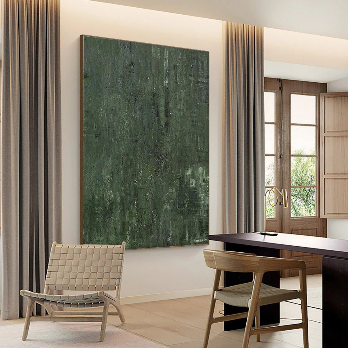 Verdant Depths: A Large Green Abstract Painting for Living Room Decor