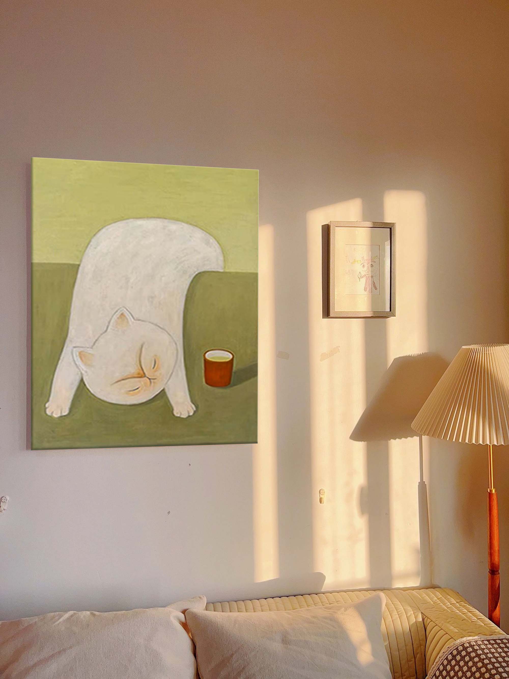 Tea Time Nap: A Whimsical Cat Wall Art for Dining Room Decor