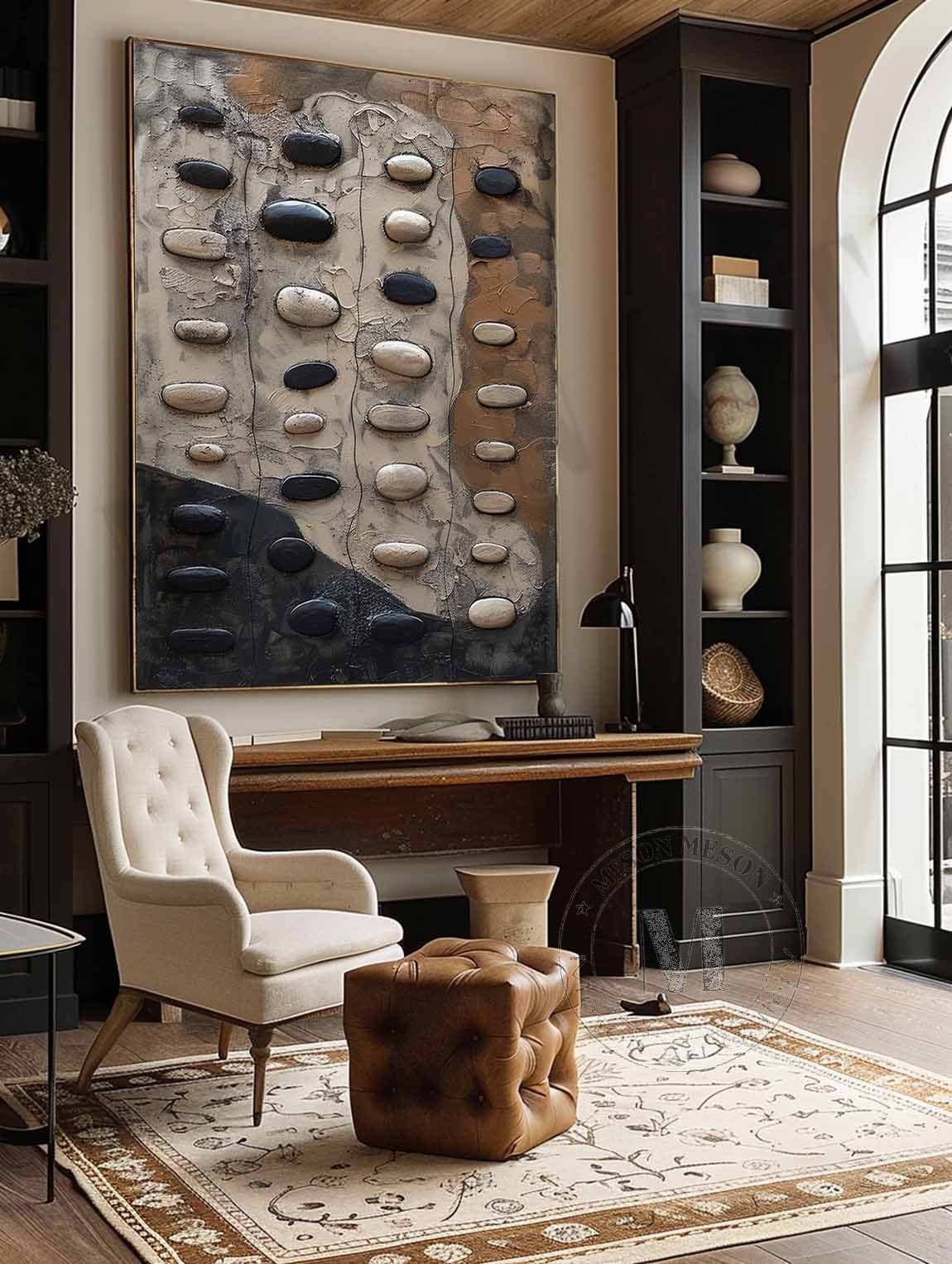 Columns of Balance: Wabi Sabi Textured Painting with 3D Black and White Stones