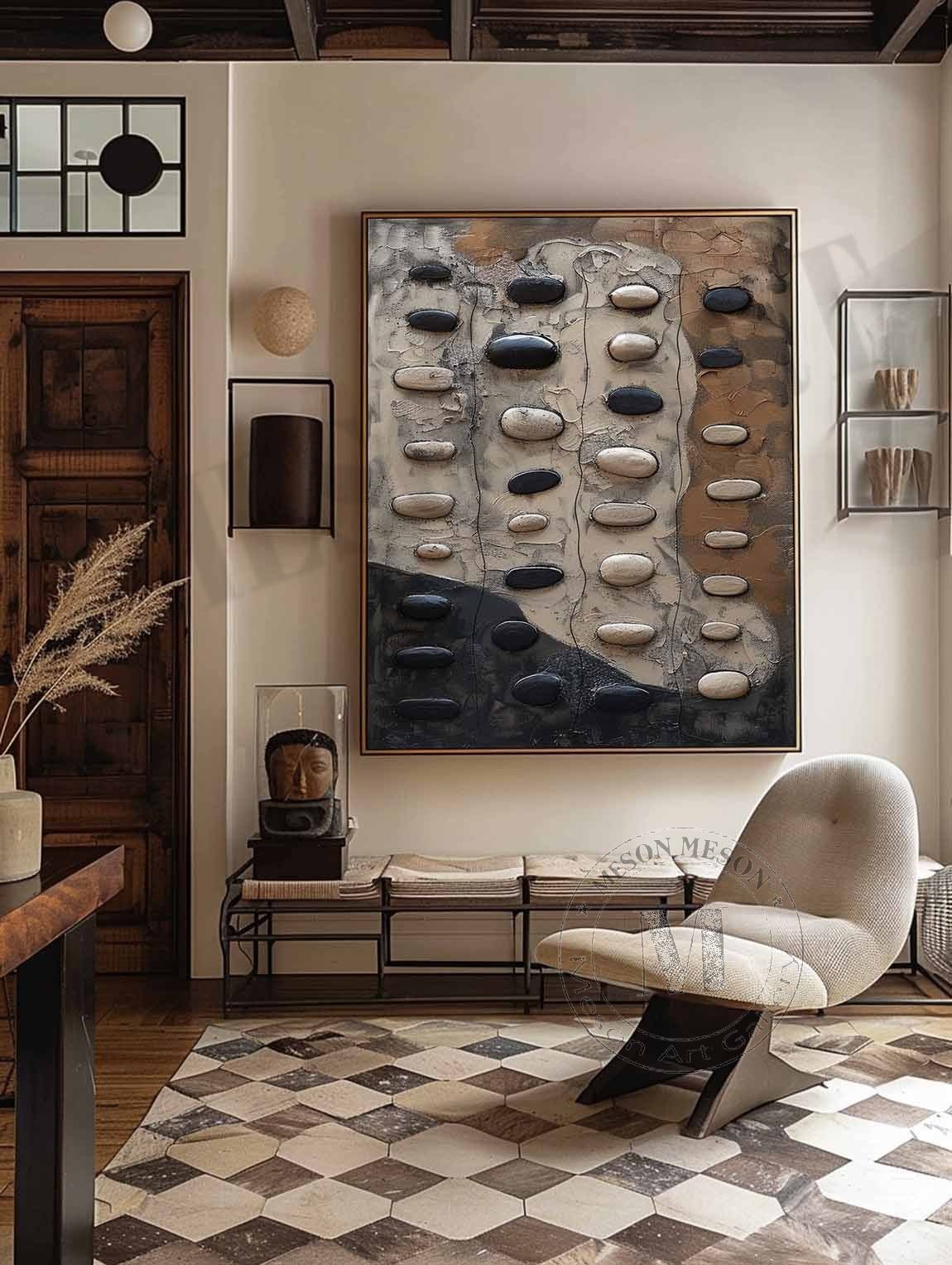 Columns of Balance: Wabi Sabi Textured Painting with 3D Black and White Stones