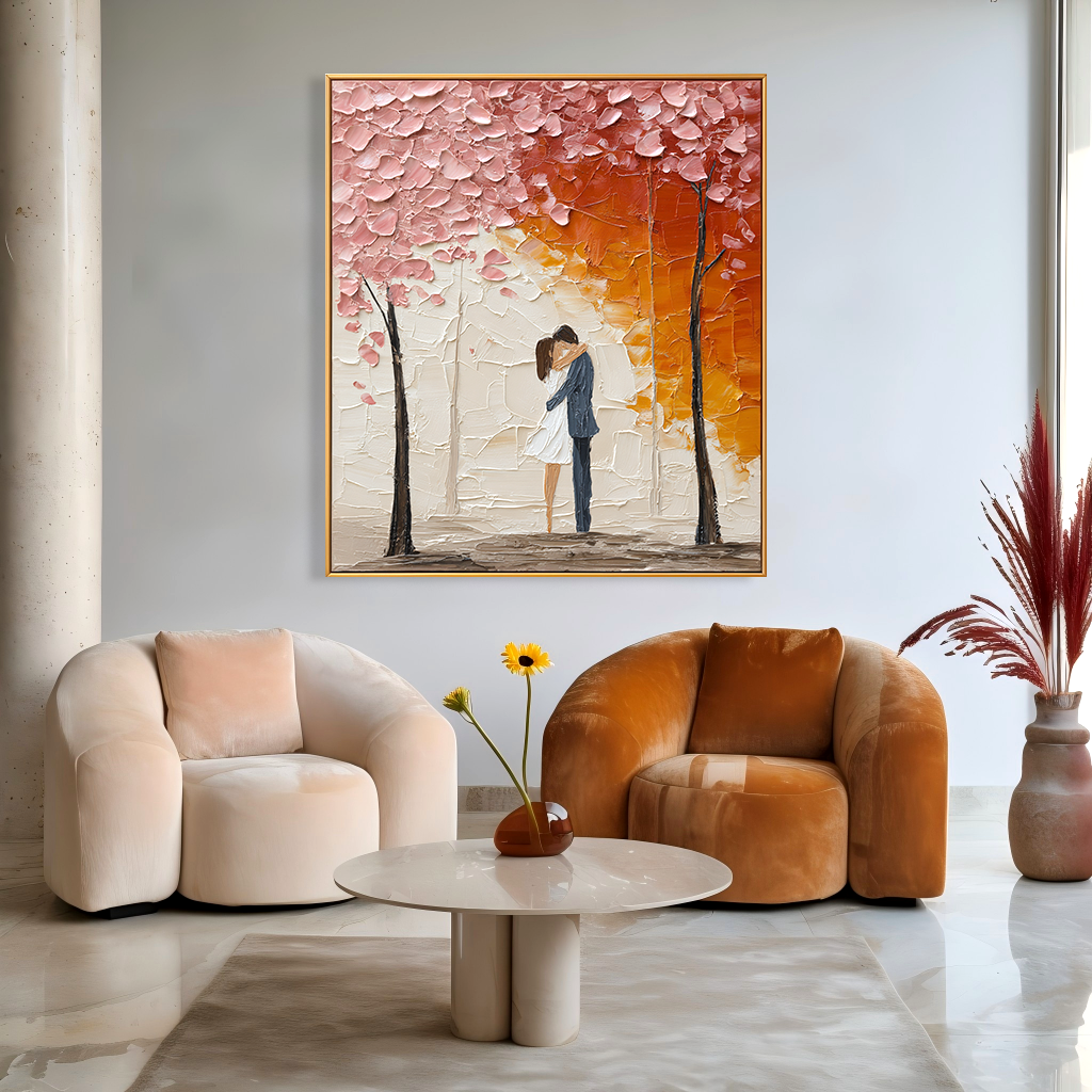 Autumn Kiss: A Textured Romantic Wall Art for Bedroom Decor