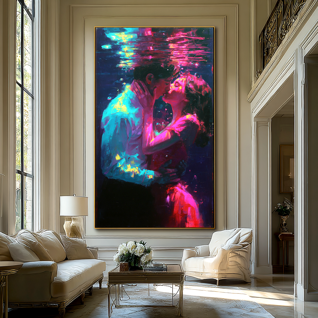 Underwater Kiss: A Vibrant Romantic Wall Art for Bedroom Decor