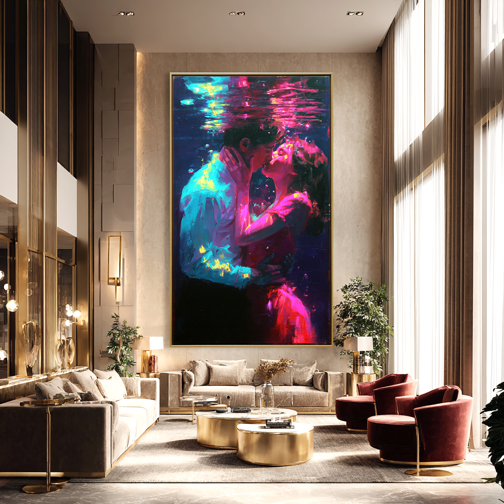 Underwater Kiss: A Vibrant Romantic Wall Art for Bedroom Decor