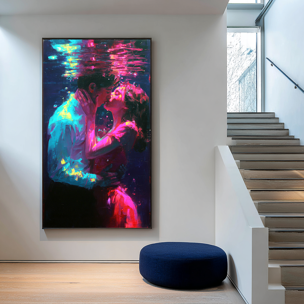 Underwater Kiss: A Vibrant Romantic Wall Art for Bedroom Decor