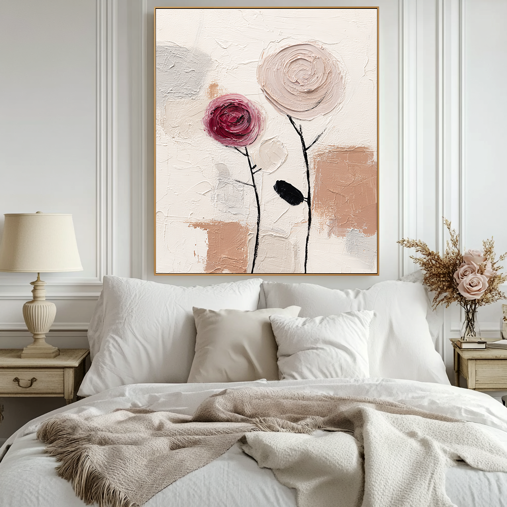 Minimalist Bloom: Textured Abstract Floral Paintings for Bedroom Decor