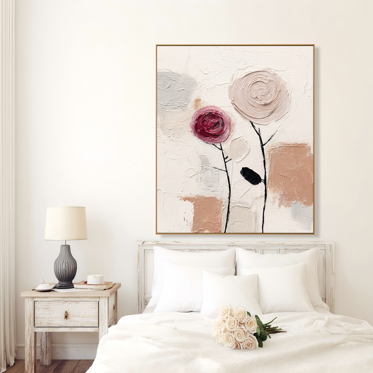 Minimalist Bloom: Textured Abstract Floral Paintings for Bedroom Decor