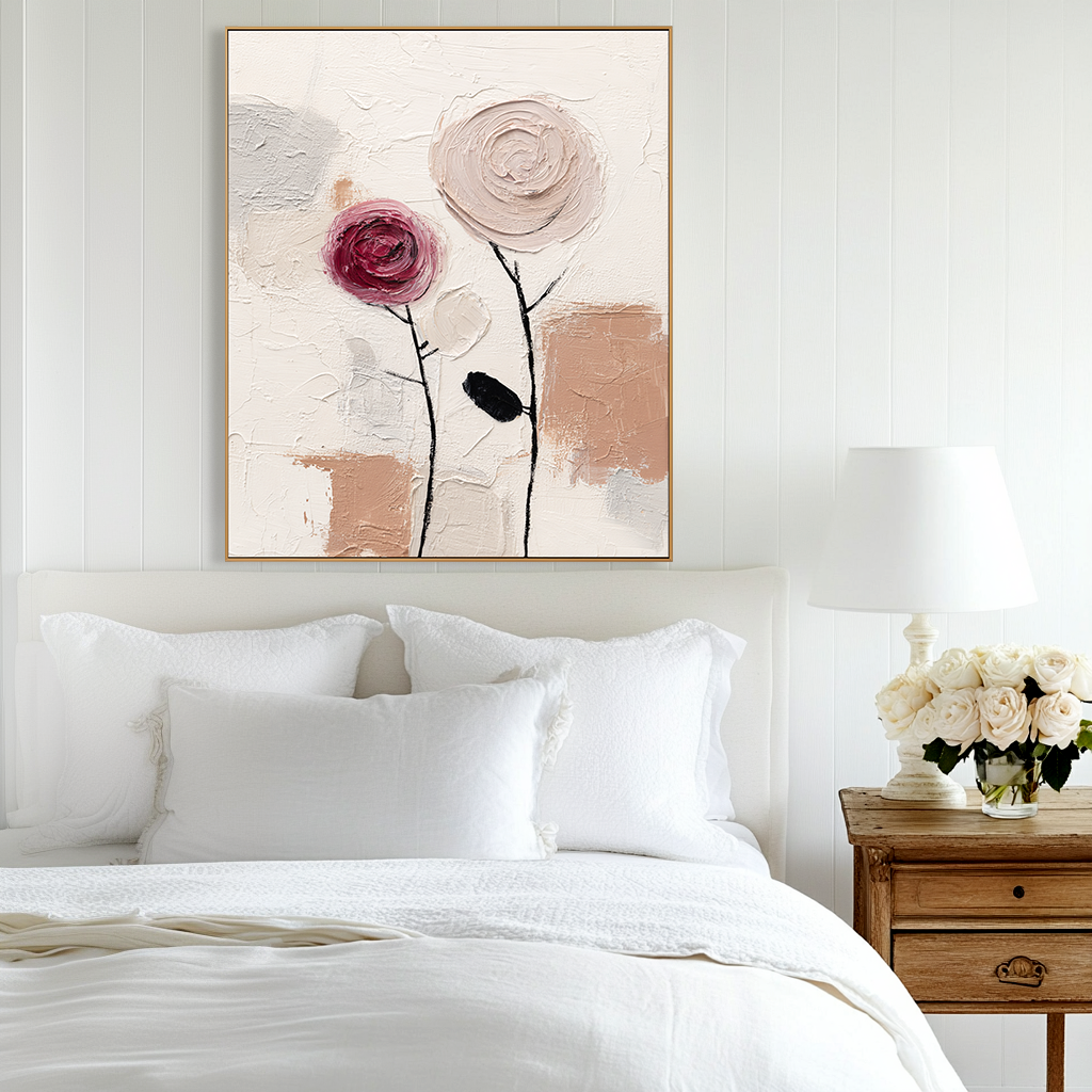 Minimalist Bloom: Textured Abstract Floral Paintings for Bedroom Decor